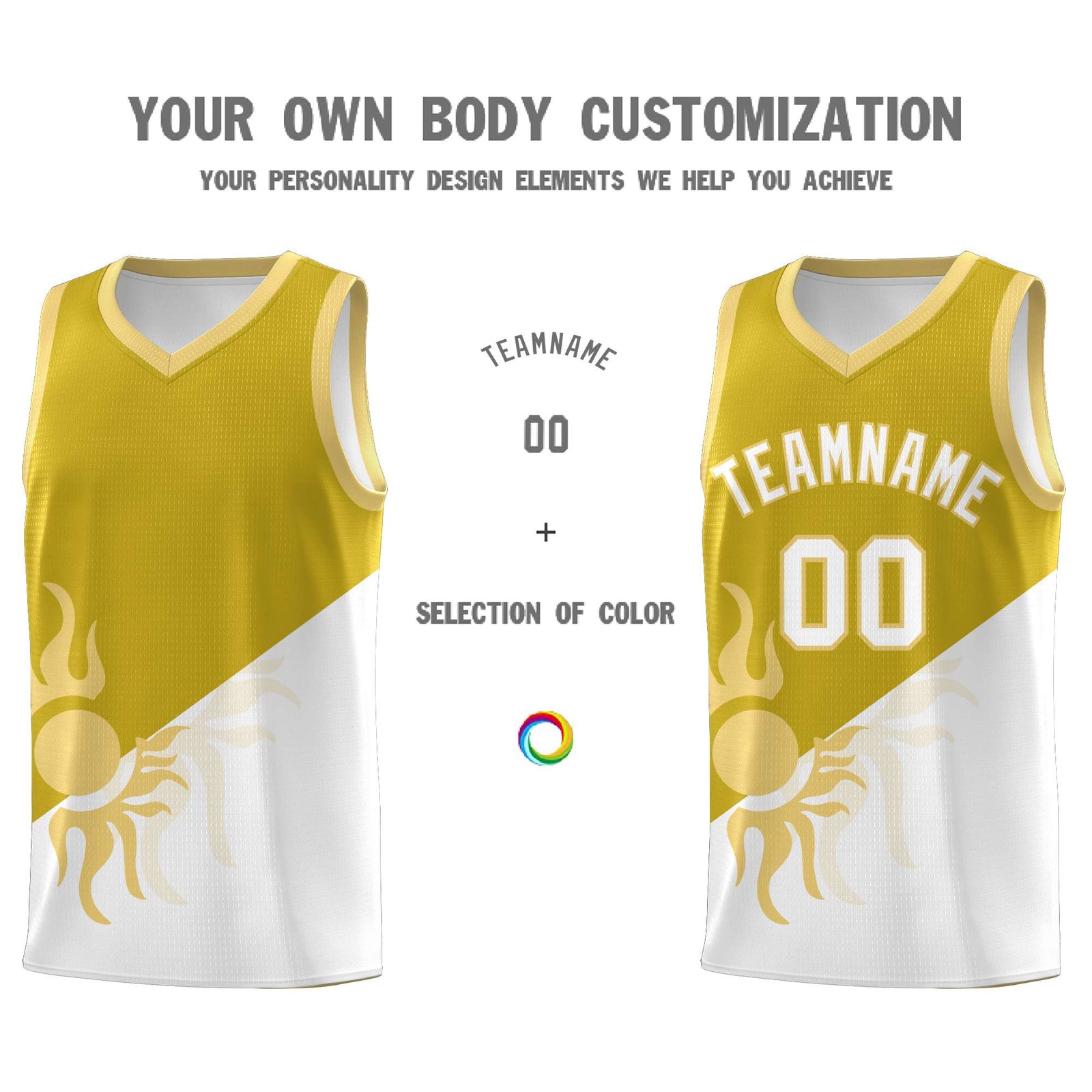 Custom Youth Basketball Jerseys - Old Gold White Radiant Sun Design Two Tone Uniforms