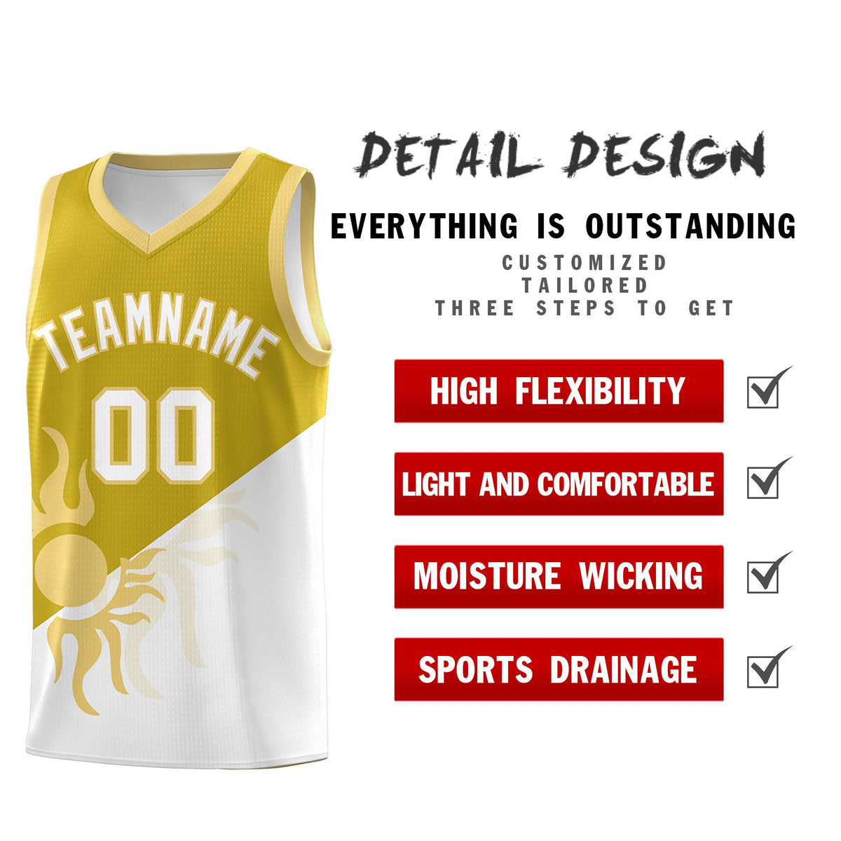 Custom Youth Basketball Jerseys - Old Gold White Radiant Sun Design Two Tone Uniforms