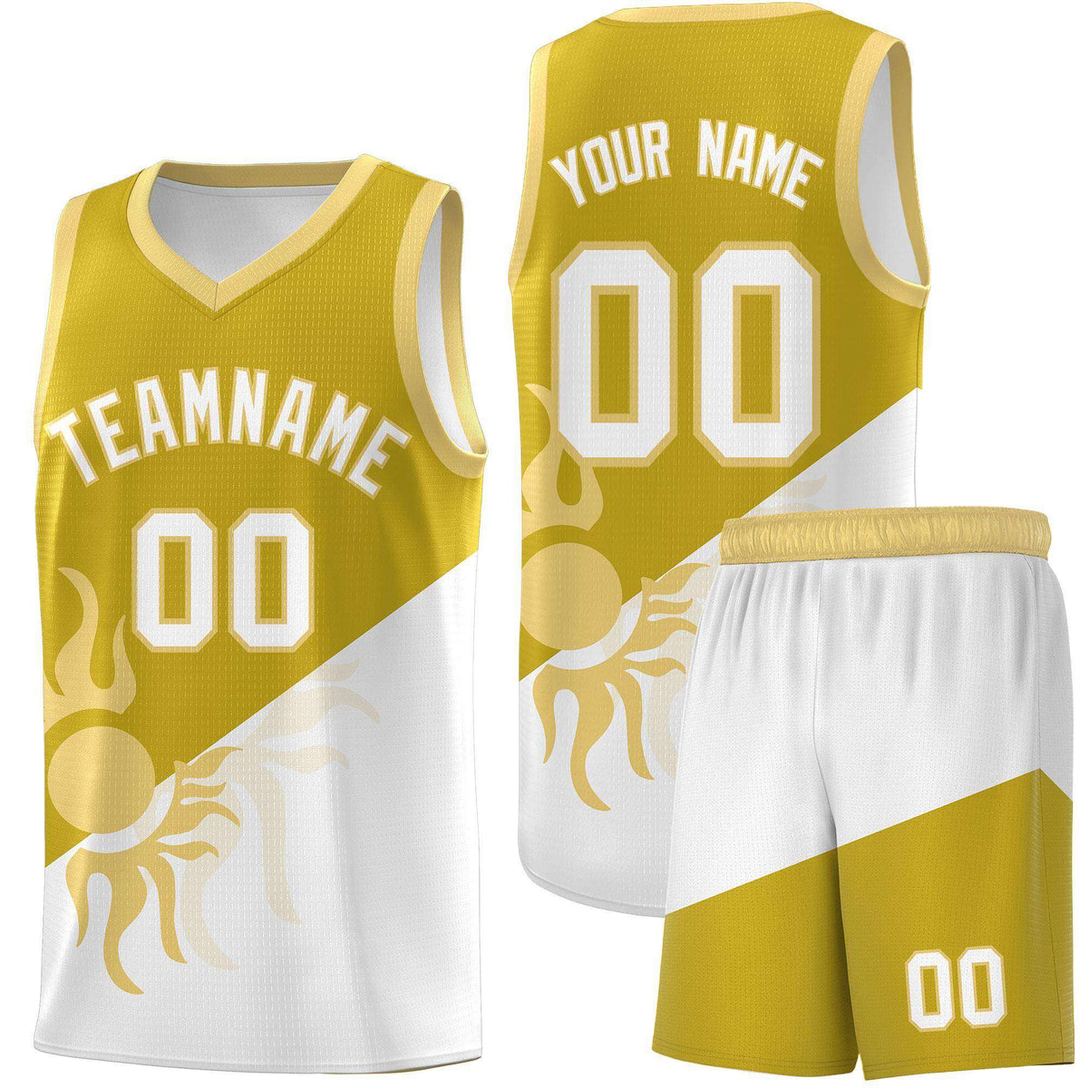 Custom Youth Basketball Jerseys - Old Gold White Radiant Sun Design Two Tone Uniforms