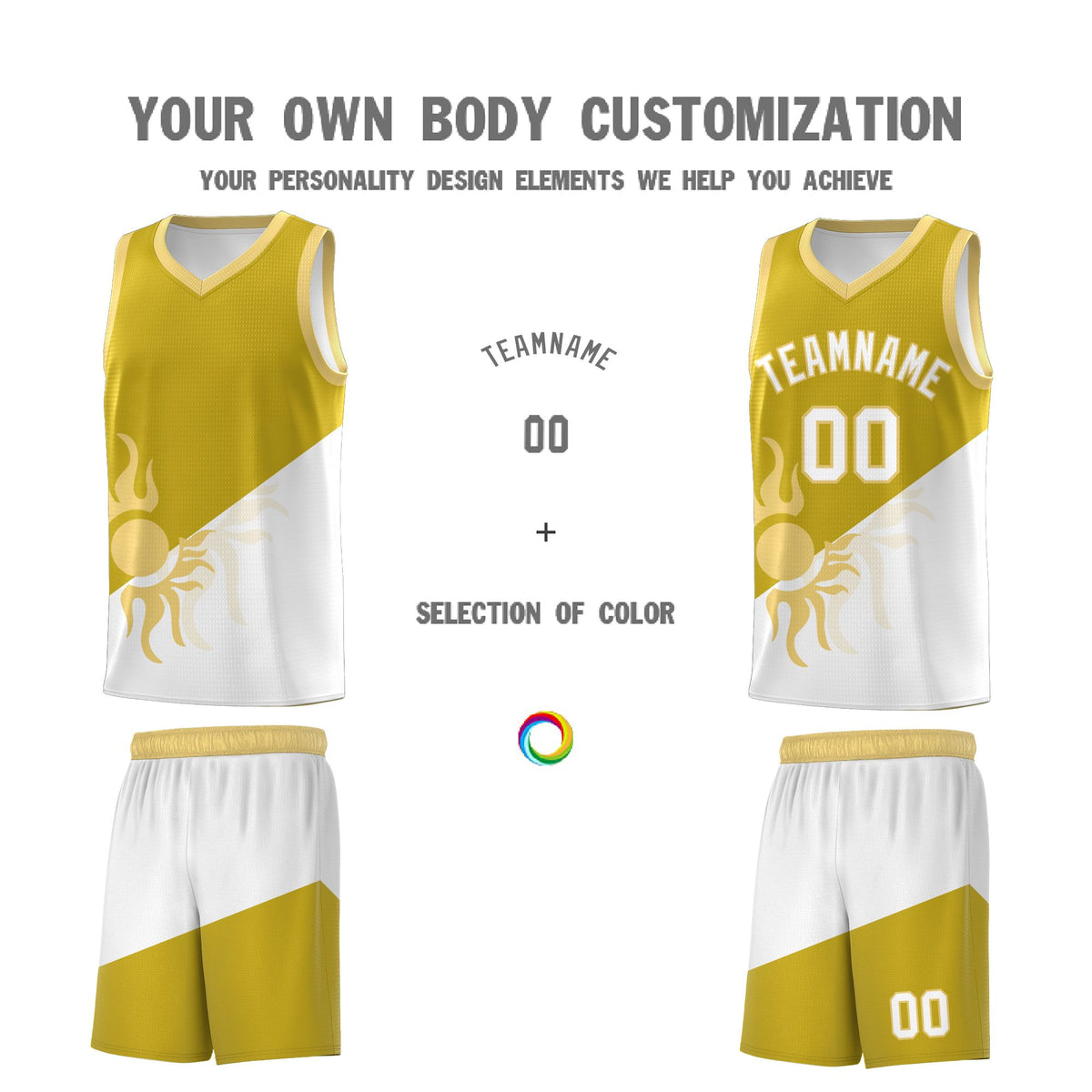 Custom Youth Basketball Jerseys - Old Gold White Radiant Sun Design Two Tone Uniforms