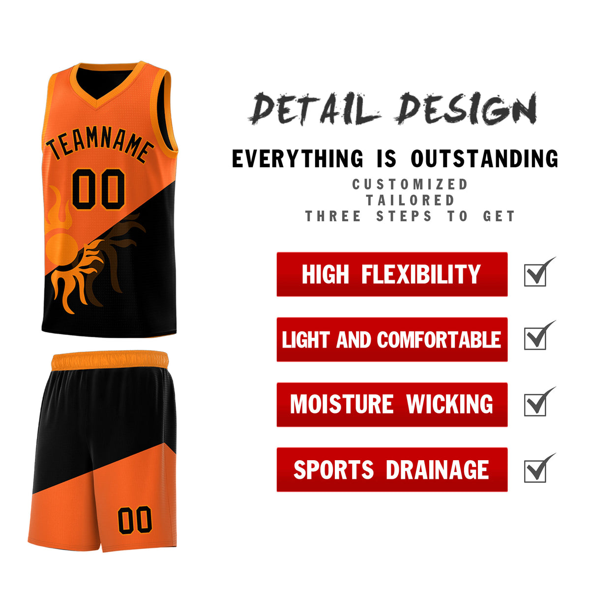 Custom Youth Basketball Jerseys - Orange Black Radiant Sun Design Two Tone Uniforms