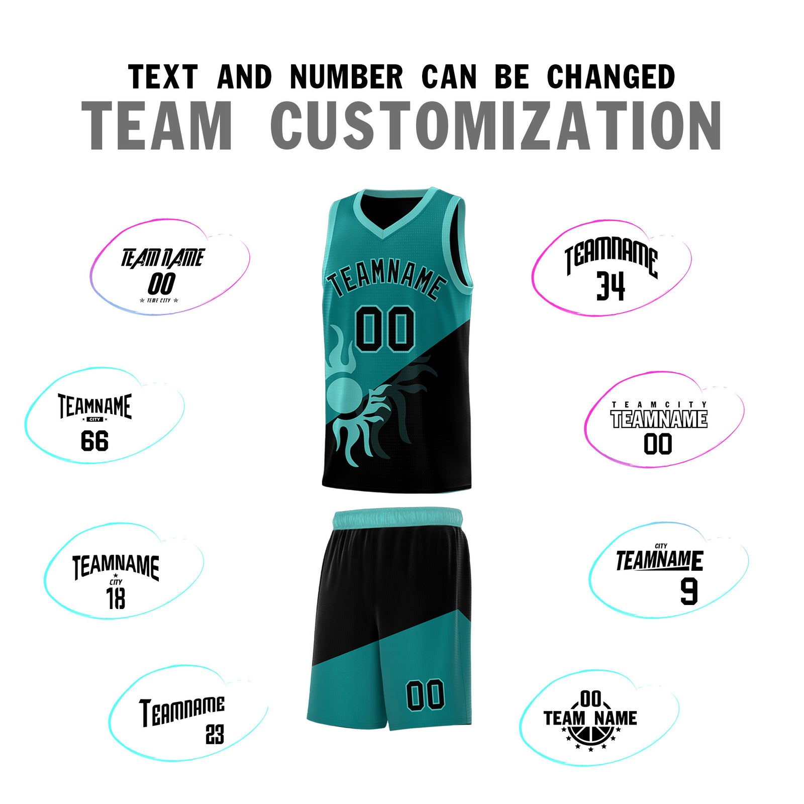 Custom Youth Basketball Jerseys - Teal Black Sunburst Design Two Tone Uniforms