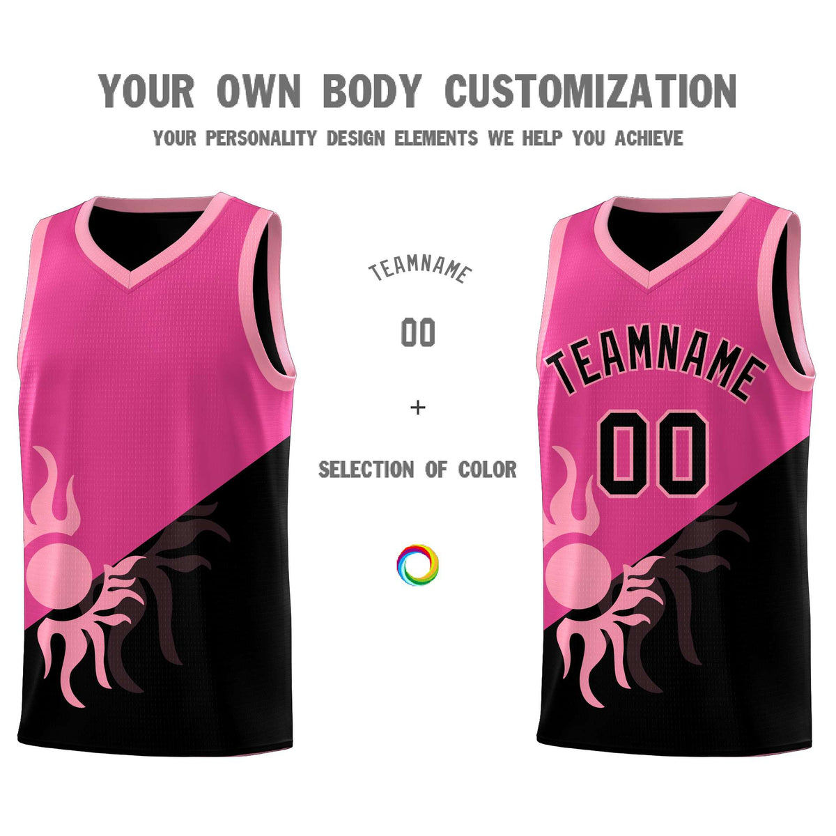 Custom Youth Basketball Jerseys - Rose Red Black Radiant Sun Design Two Tone Uniforms