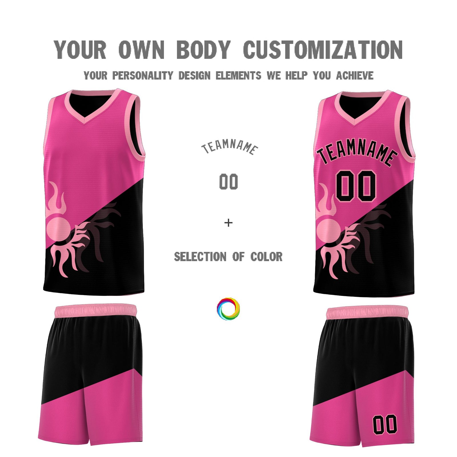 Custom Youth Basketball Jerseys - Rose Red Black Radiant Sun Design Two Tone Uniforms