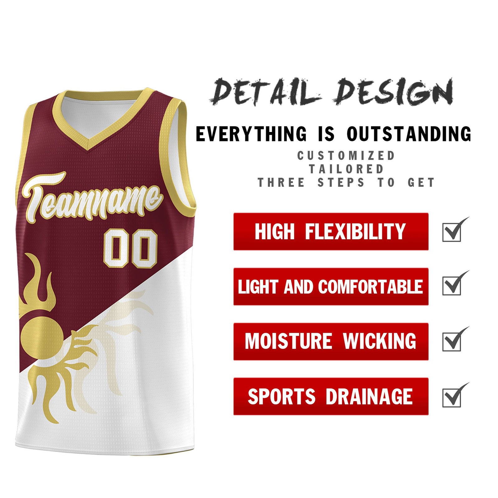 Custom Youth Basketball Jerseys - Burgundy White Sunburst Design Two Tone Uniforms