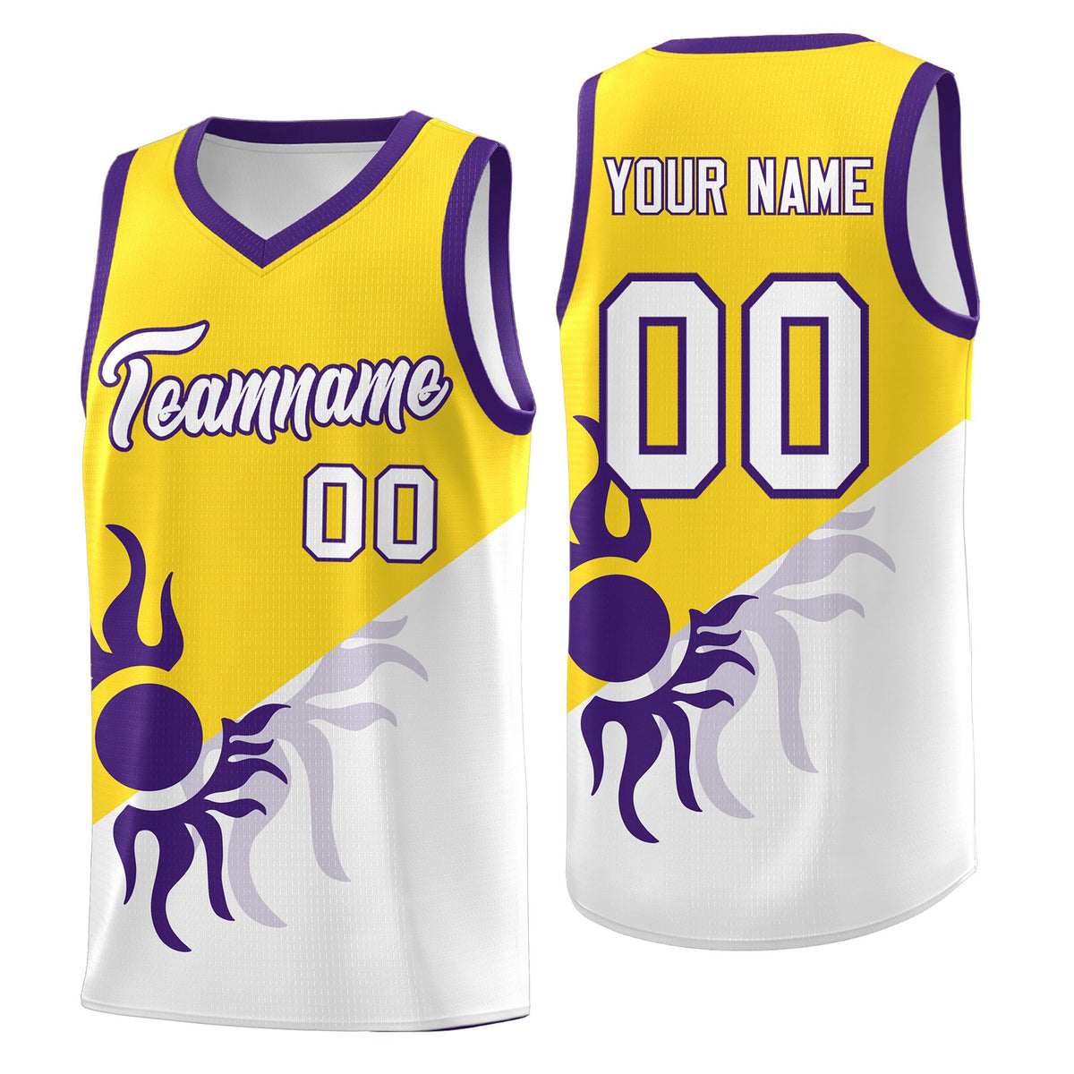 Custom Youth Basketball Jerseys - Gold White Radiant Sun Design Two Tone Uniforms