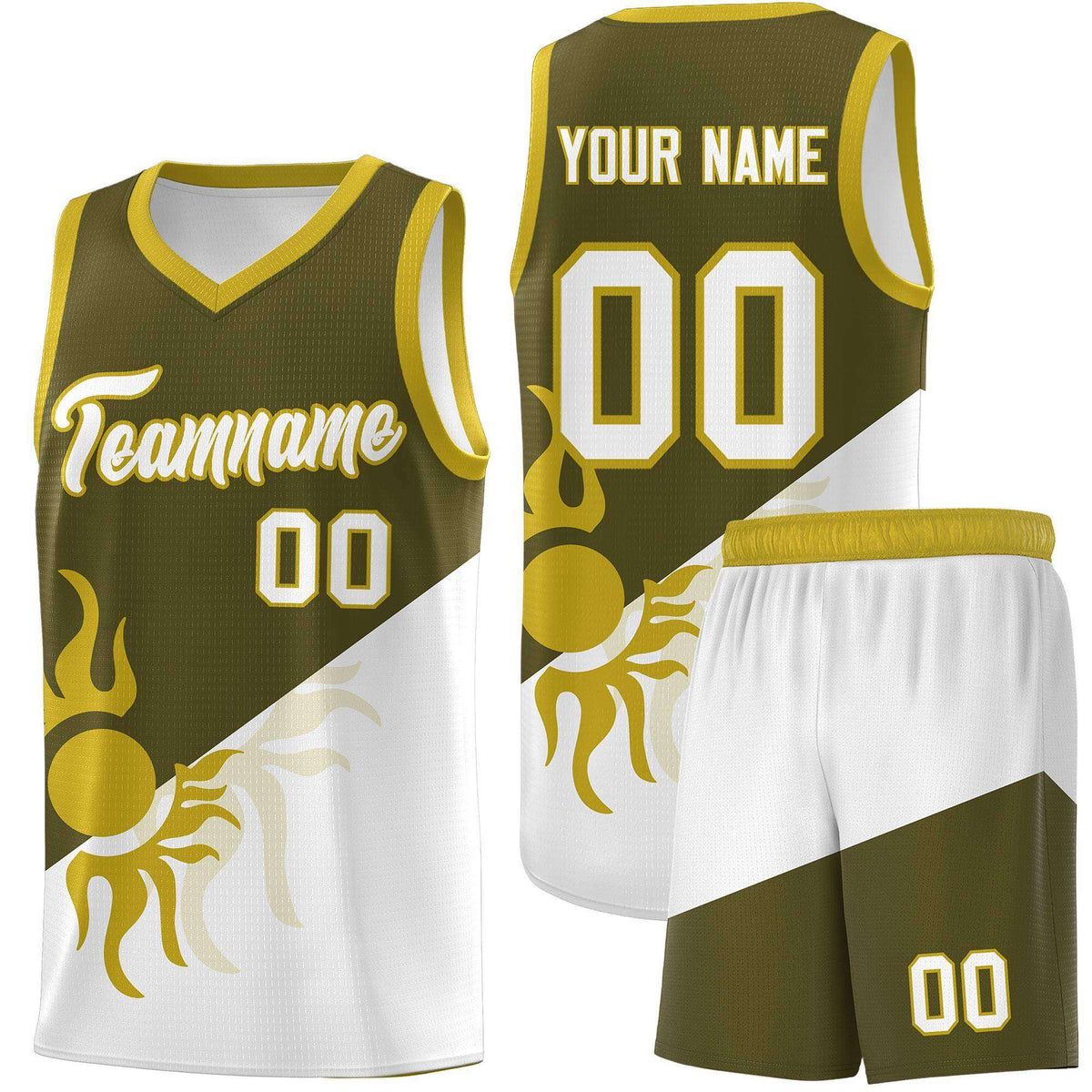 Custom Youth Basketball Jerseys - Olive White Sunburst Design Two Tone Uniforms
