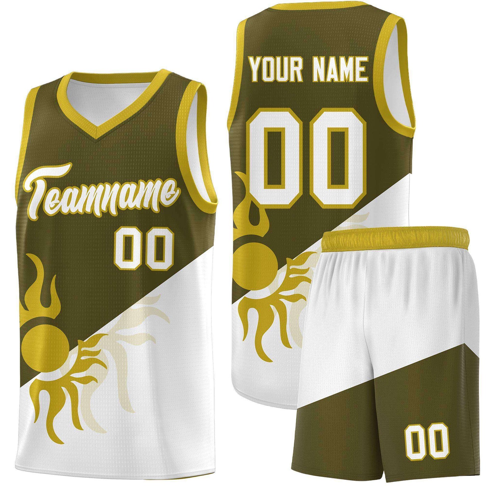 Custom Youth Basketball Jerseys - Olive White Sunburst Design Two Tone Uniforms