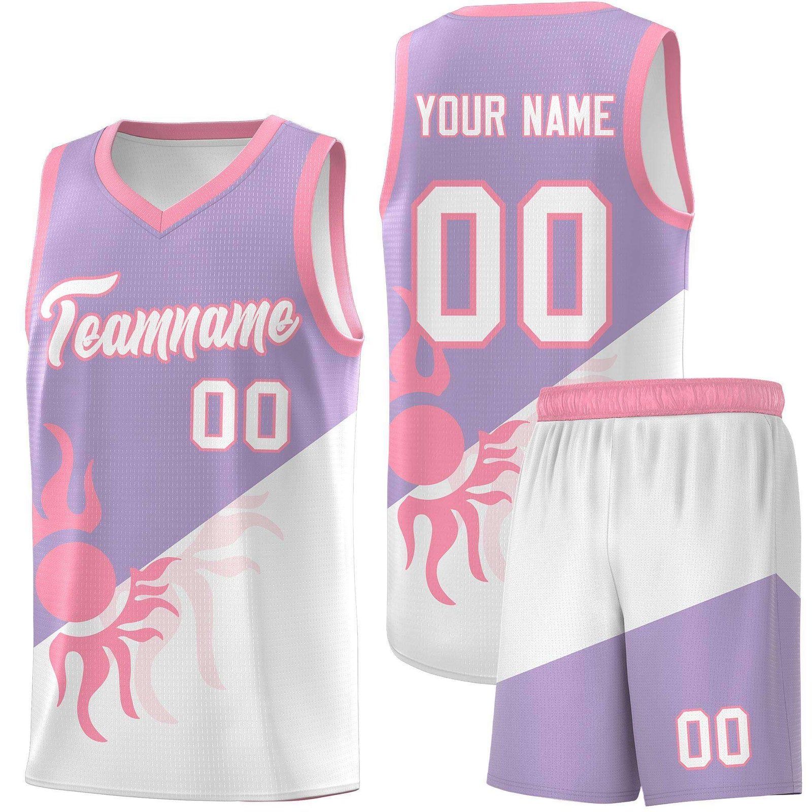 Custom Youth Basketball Jerseys - Light Purple White Radiant Sun Design Two Tone Uniforms