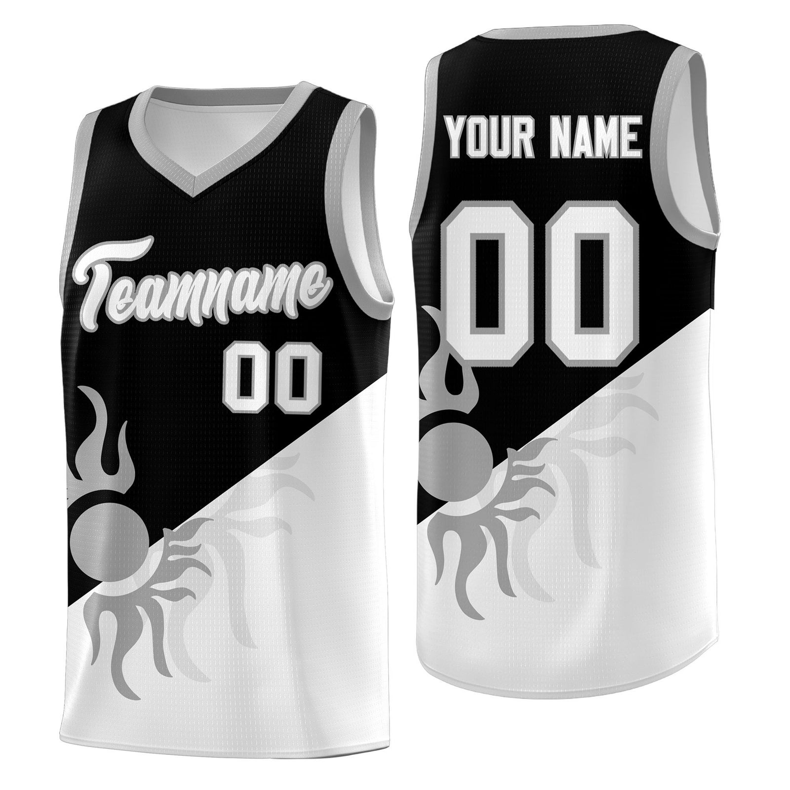 Custom Youth Basketball Jerseys - Black White Radiant Sun Design Two Tone Uniforms
