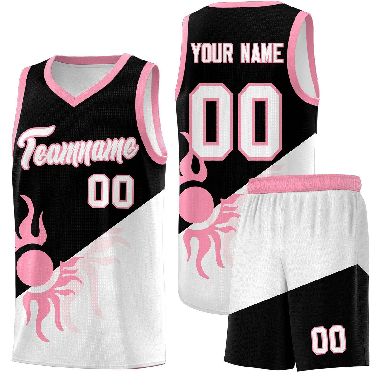 Custom Youth Basketball Jerseys - Black White Sunburst Design Two Tone Uniforms