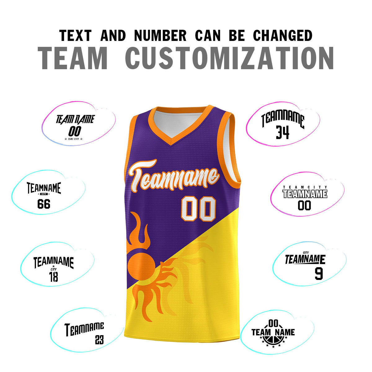 Custom Youth Basketball Jerseys - Purple Gold Radiant Sun Design Two Tone Uniforms