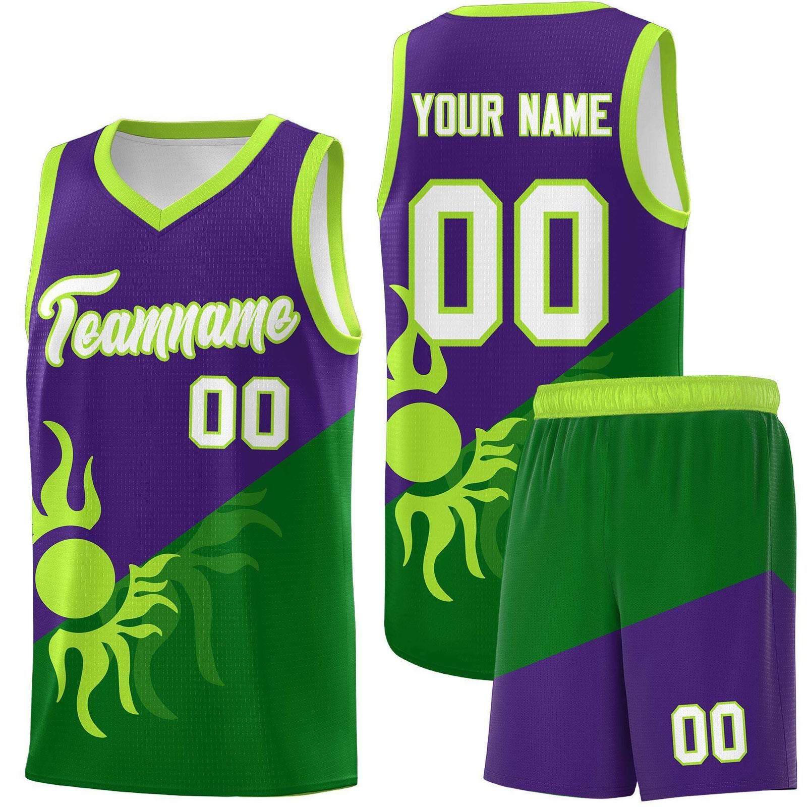 Custom Youth Basketball Jerseys - Purple Kelly Green Sunburst Design Two Tone Uniforms
