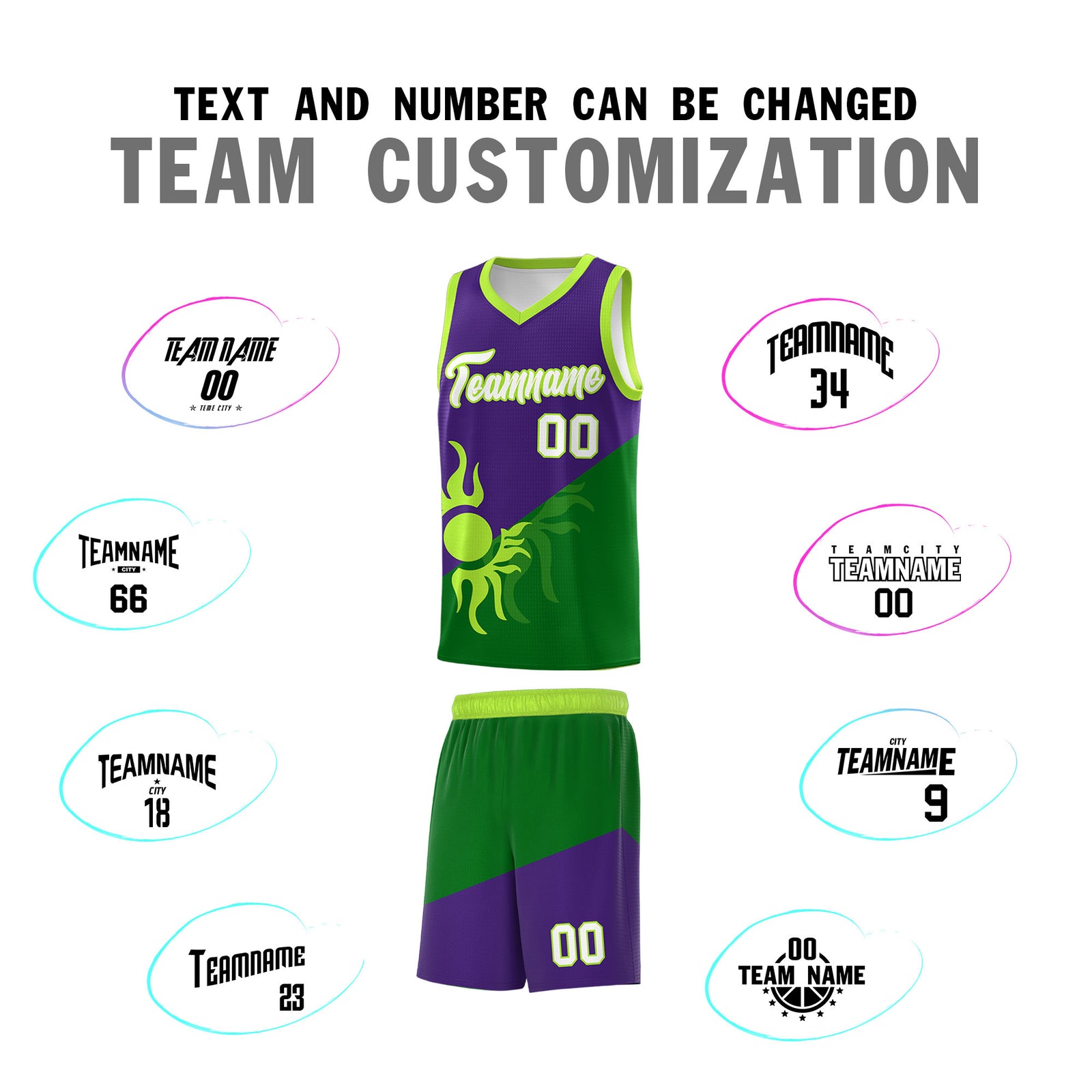 Custom Youth Basketball Jerseys - Purple Kelly Green Sunburst Design Two Tone Uniforms