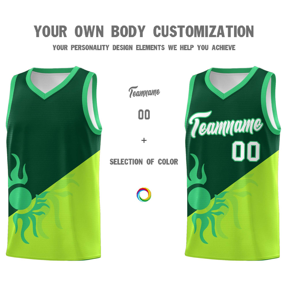 Custom Youth Basketball Jerseys - Kelly Green Neon Green Radiant Sun Design Two Tone Uniforms