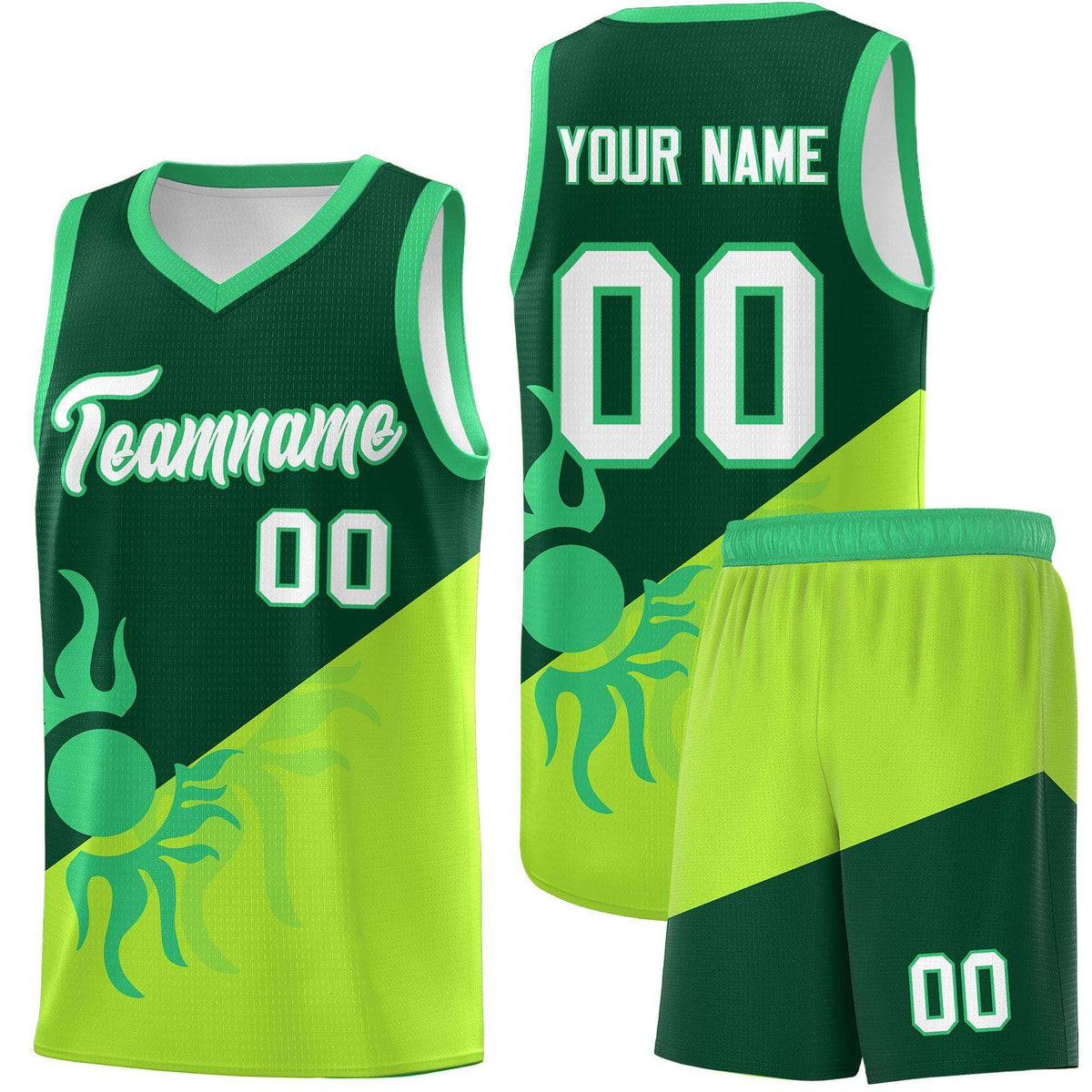 Custom Youth Basketball Jerseys - Kelly Green Neon Green Radiant Sun Design Two Tone Uniforms