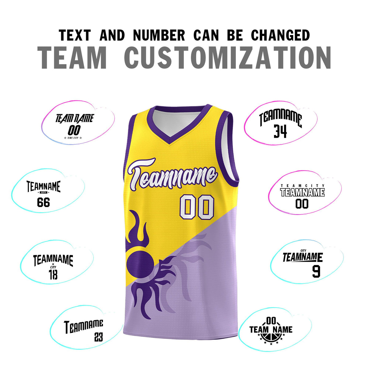 Custom Youth Basketball Jerseys - Light Purple Gold Sunburst Design Two Tone Uniforms