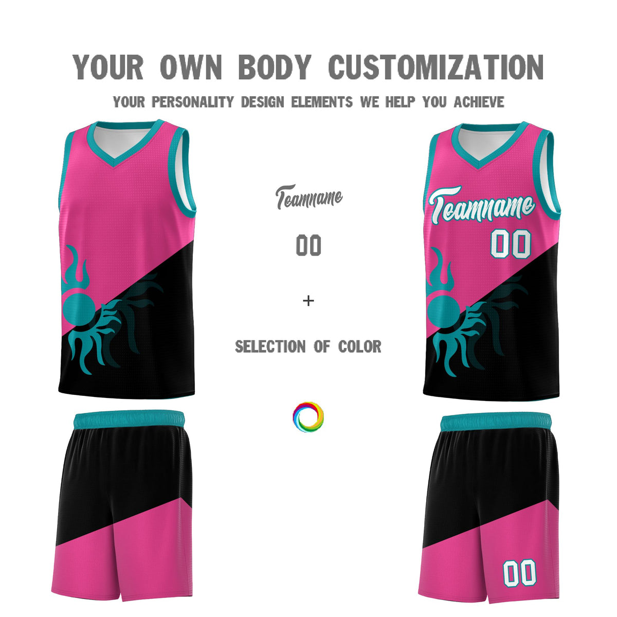 Custom Youth Basketball Jerseys - Rose Red Black Sunburst Design Two Tone Uniforms