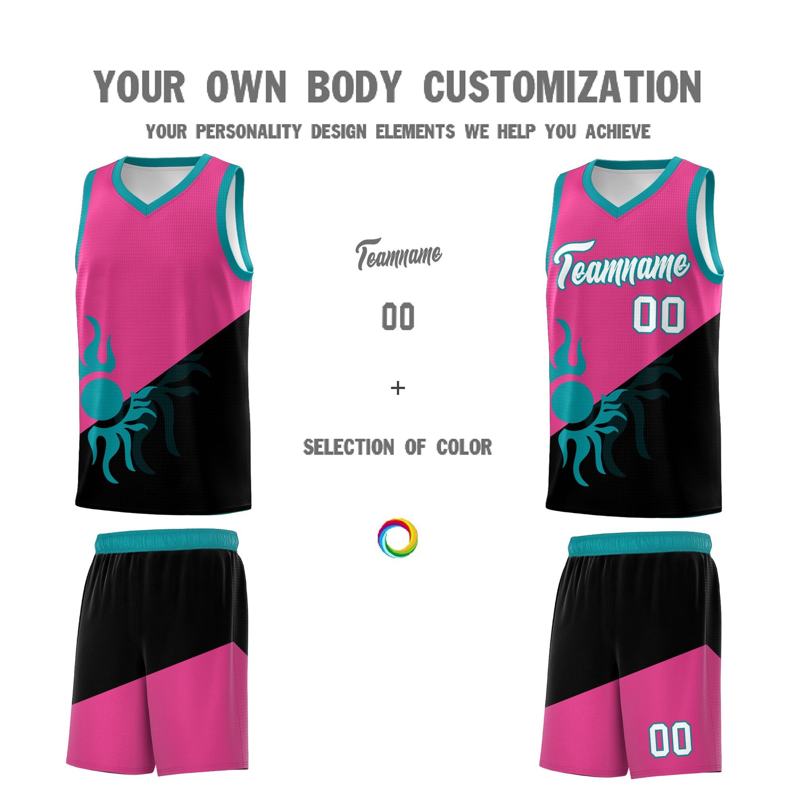 Custom Youth Basketball Jerseys - Rose Red Black Sunburst Design Two Tone Uniforms