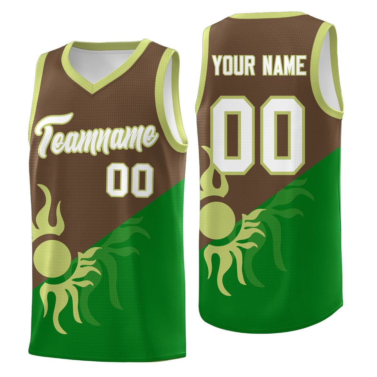 Custom Youth Basketball Jerseys - Kelly Green Light Brown Sunburst Design Two Tone Uniforms