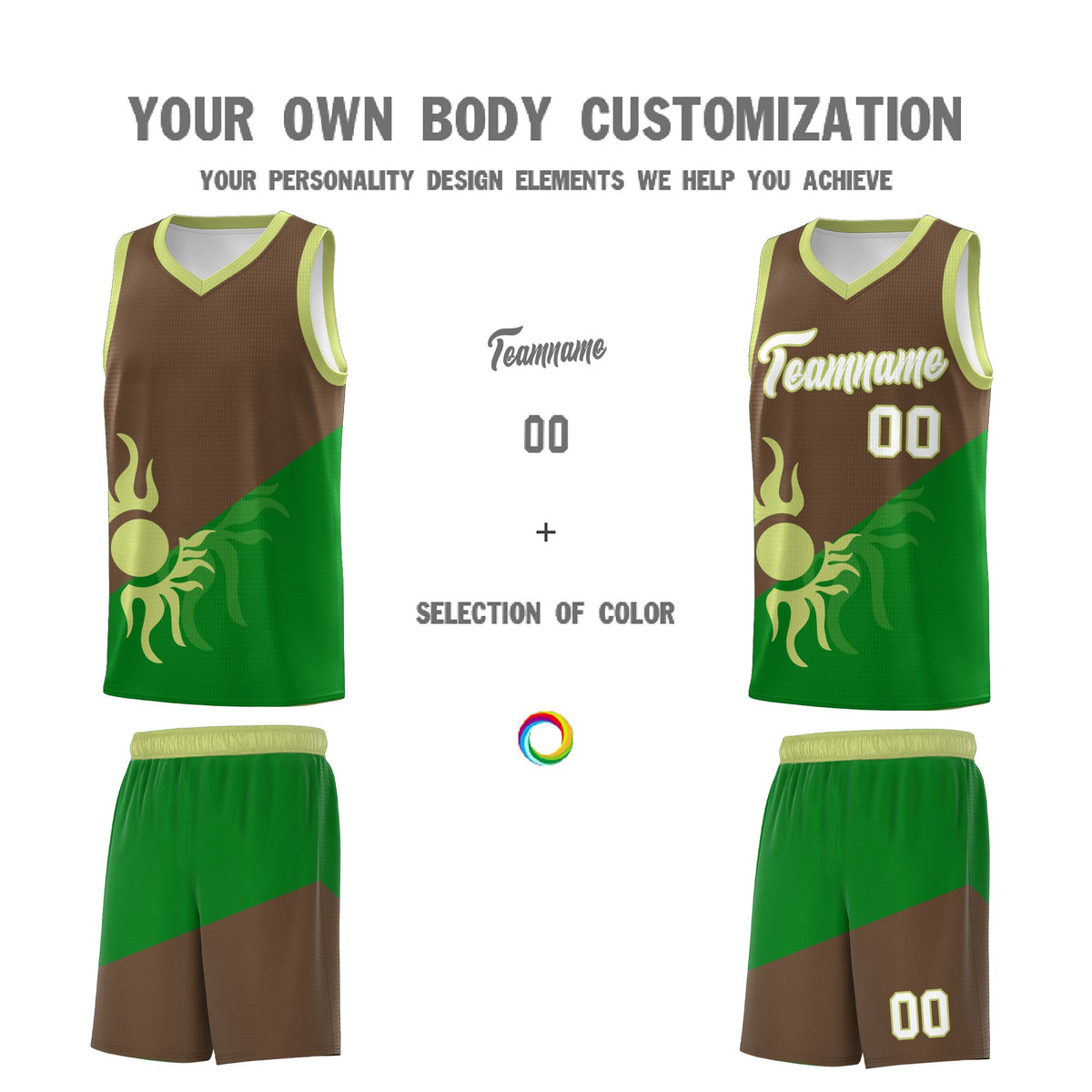 Custom Youth Basketball Jerseys - Kelly Green Light Brown Sunburst Design Two Tone Uniforms
