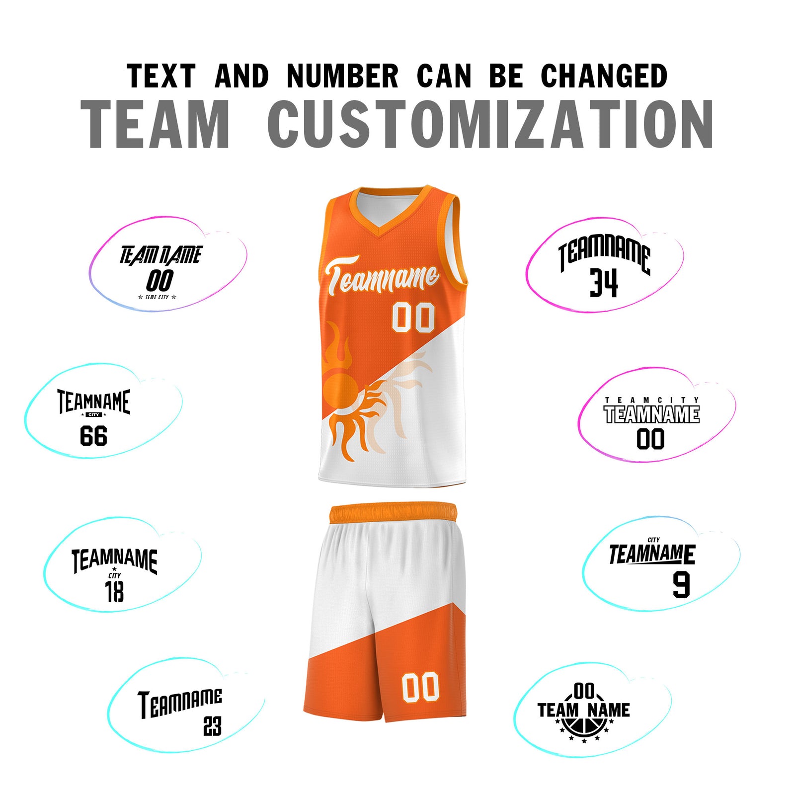 Custom Youth Basketball Jerseys - Orange White Radiant Sun Design Two Tone Uniforms