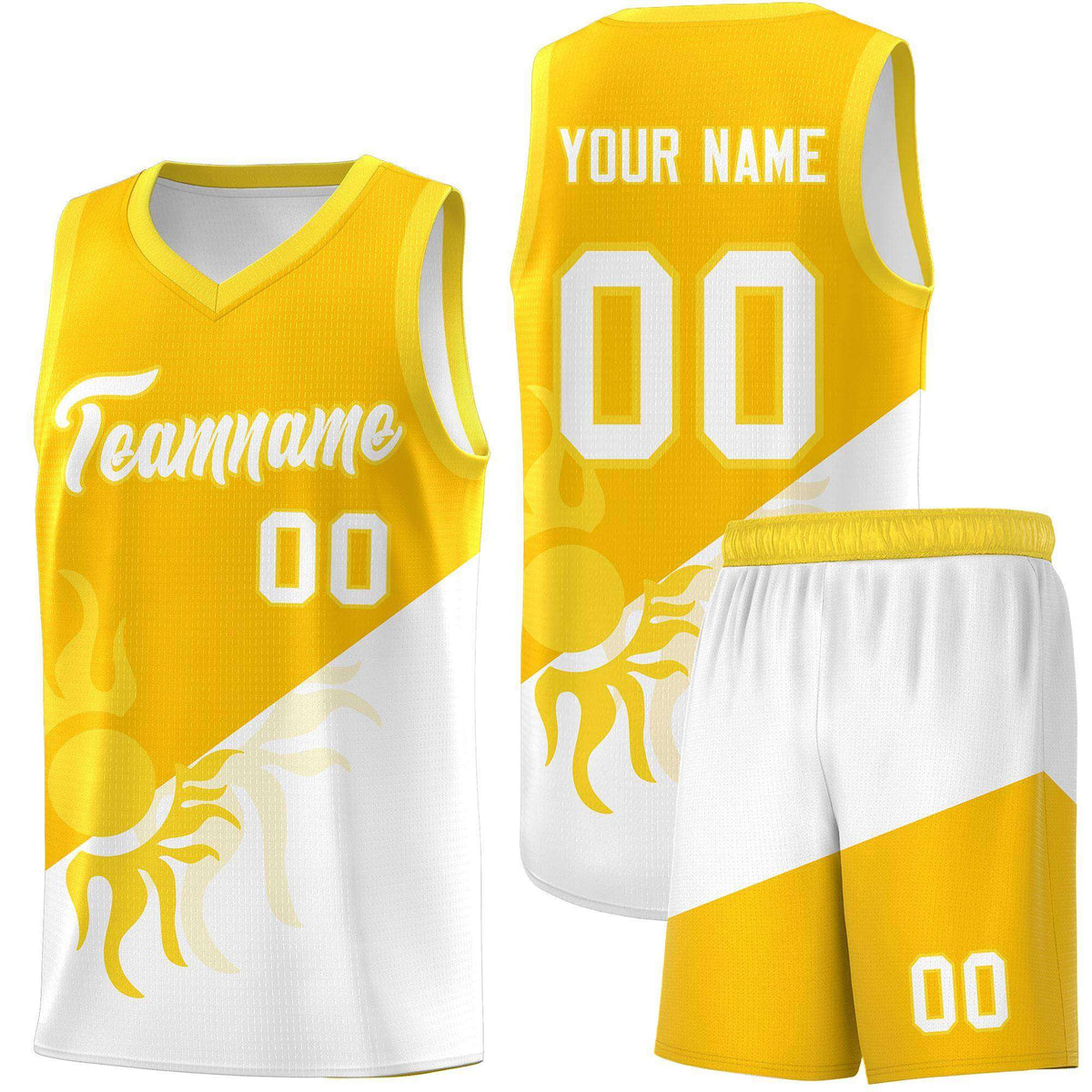 Custom Youth Basketball Jerseys - Yellow White Sunburst Design Two Tone Uniforms