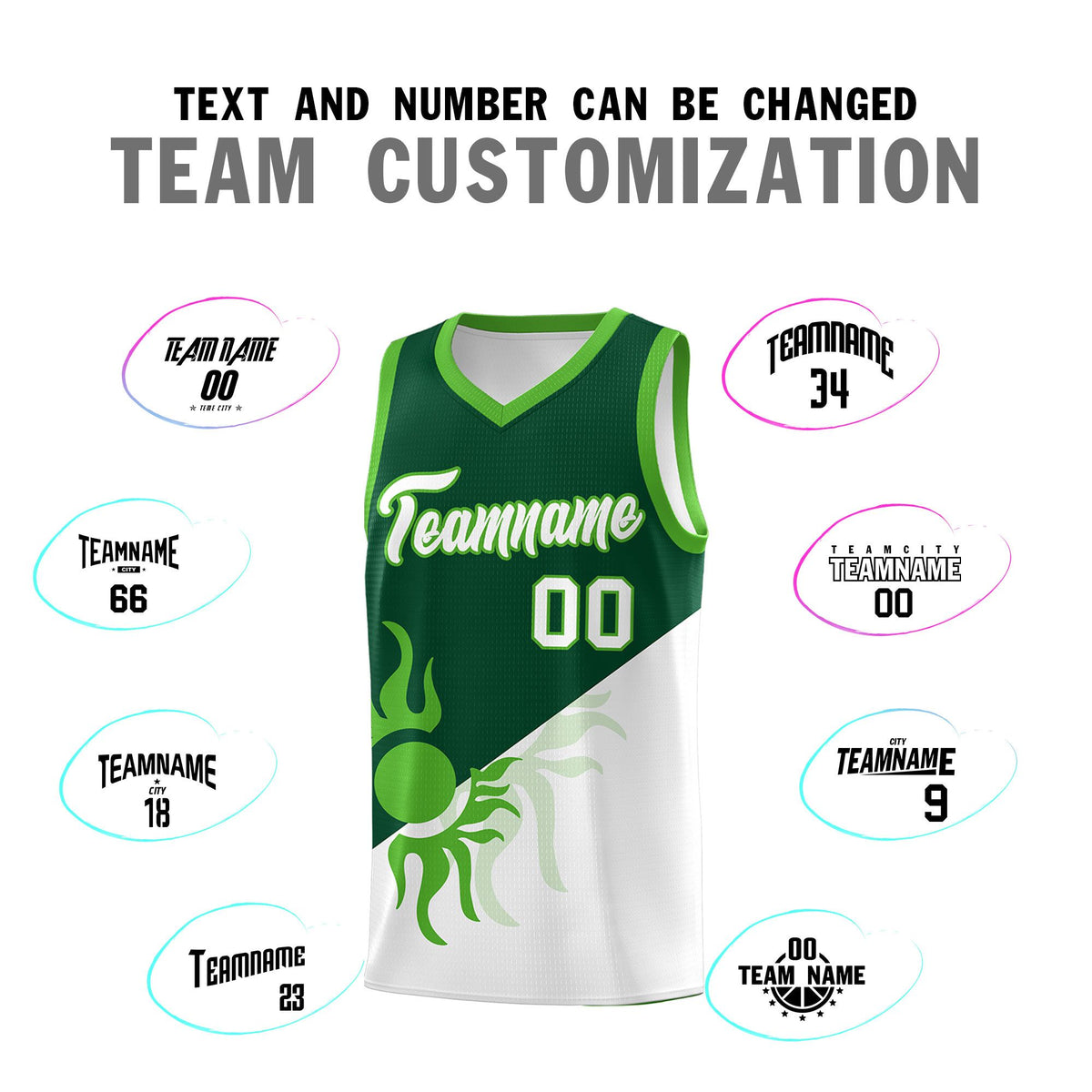 Custom Youth Basketball Jerseys - Kelly Green White Radiant Sun Design Two Tone Uniforms