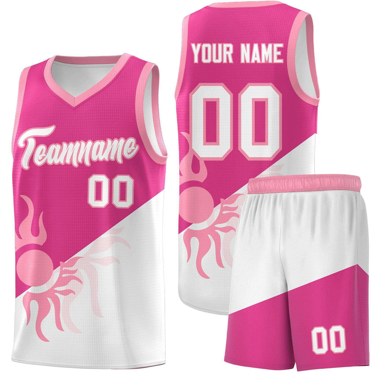 Custom Youth Basketball Jerseys - Rose Red White Radiant Sun Design Two Tone Uniforms