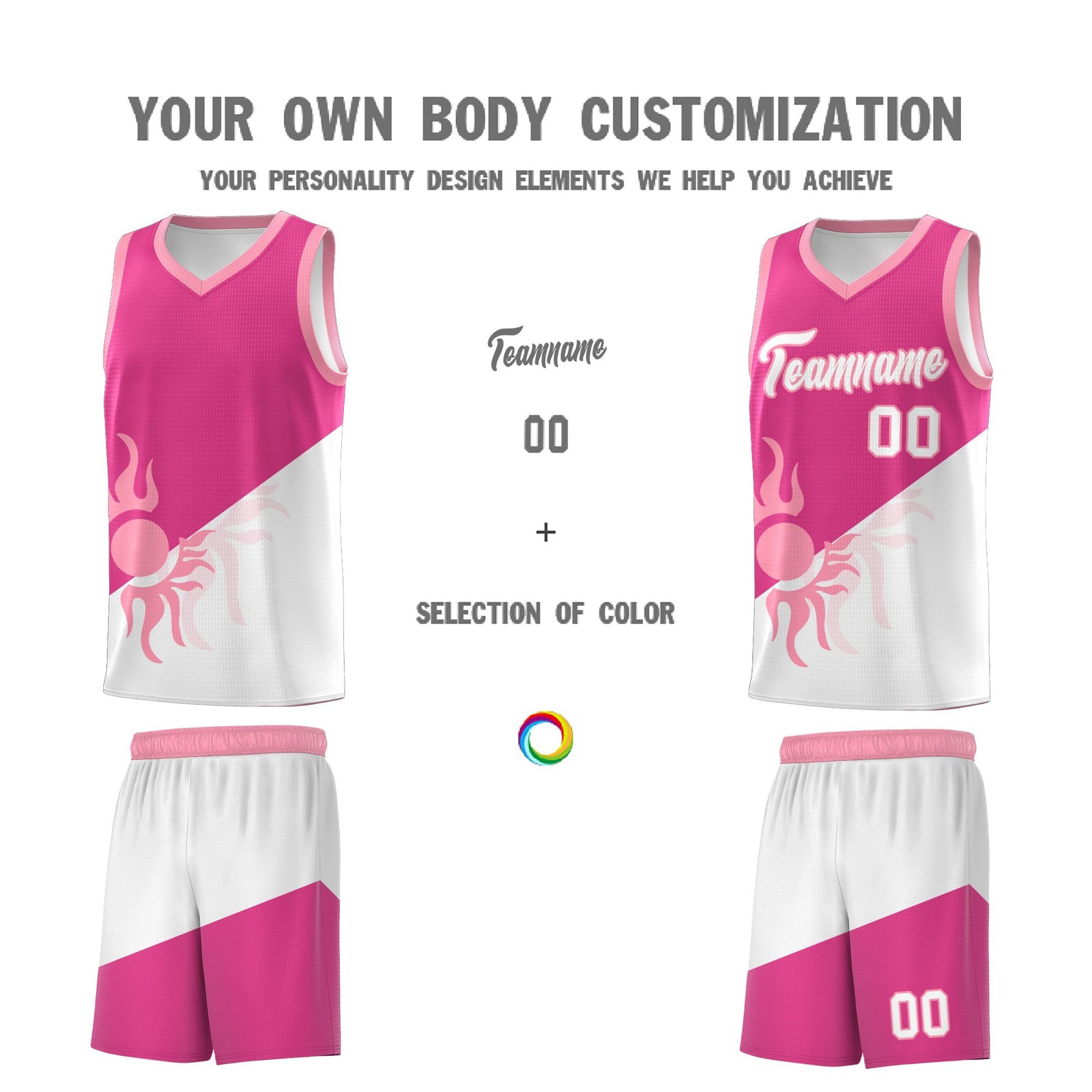 Custom Youth Basketball Jerseys - Rose Red White Radiant Sun Design Two Tone Uniforms