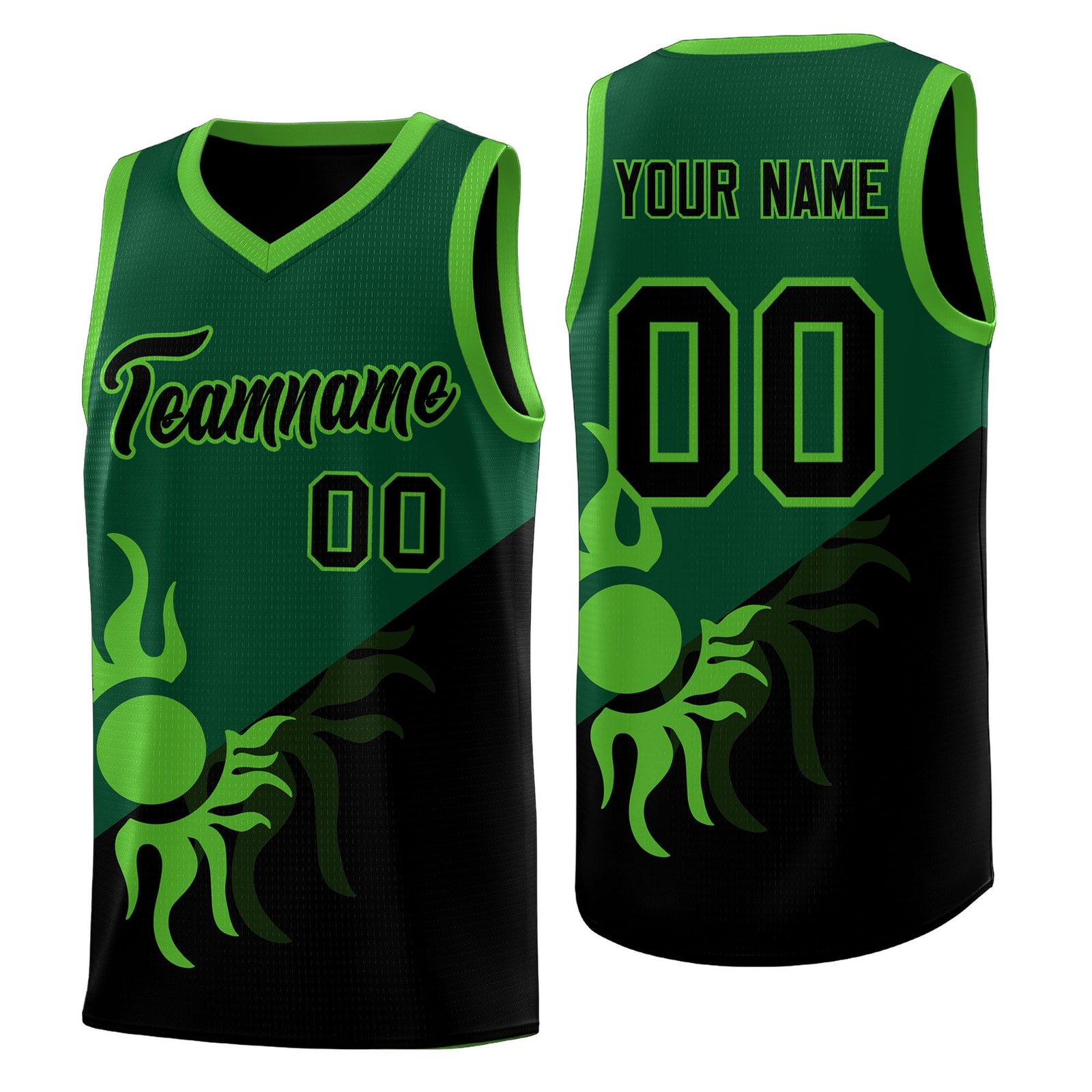 Custom Youth Basketball Jerseys - Kelly Green Black Radiant Sun Design Two Tone Uniforms