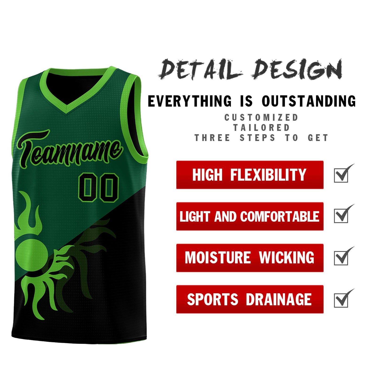 Custom Youth Basketball Jerseys - Kelly Green Black Radiant Sun Design Two Tone Uniforms