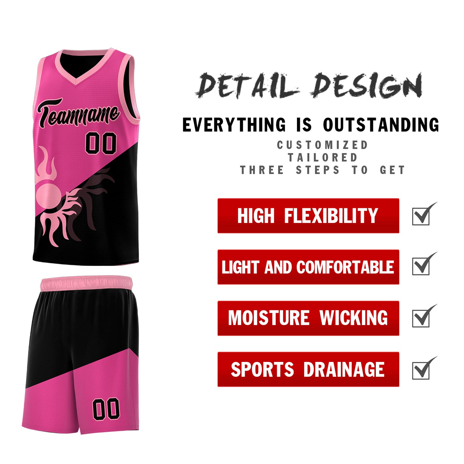 Custom Youth Basketball Jerseys - Rose Red Black Radiant Sun Design Two Tone Uniforms