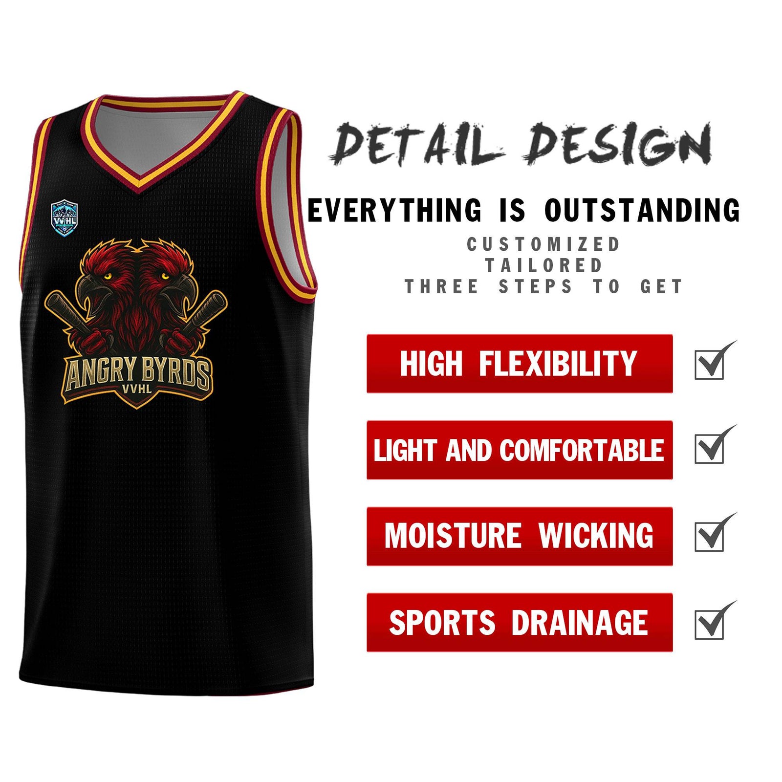 VVHL Black S7-Angry-Byrds-2 Tops Basketball Jersey