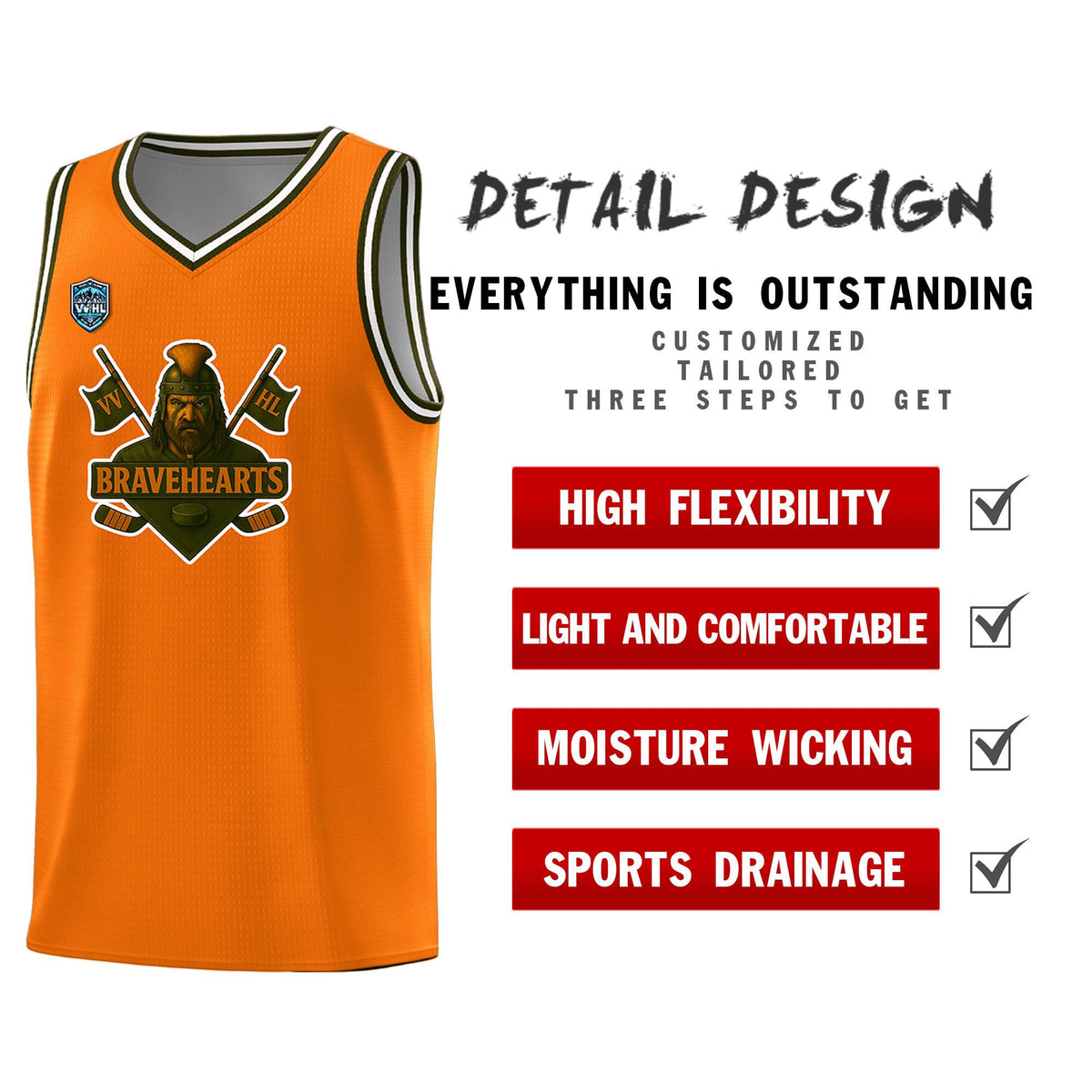 VVHL Orange S7-Bravehearts Tops Basketball Jersey