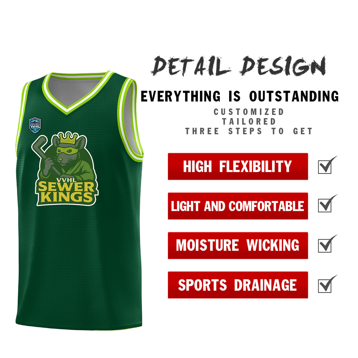 VVHL Green S7-Sewer-Kings-1 Tops Basketball Jersey