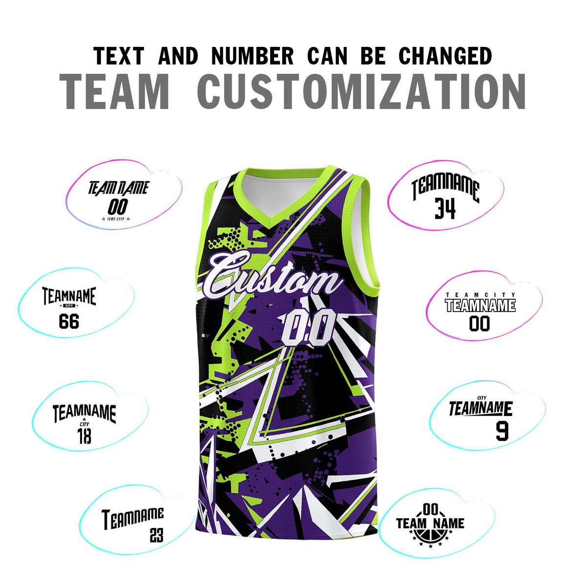 Custom Youth Basketball Jerseys Purple Neon Green Abstract Graffiti Personalized Team Name & Number
