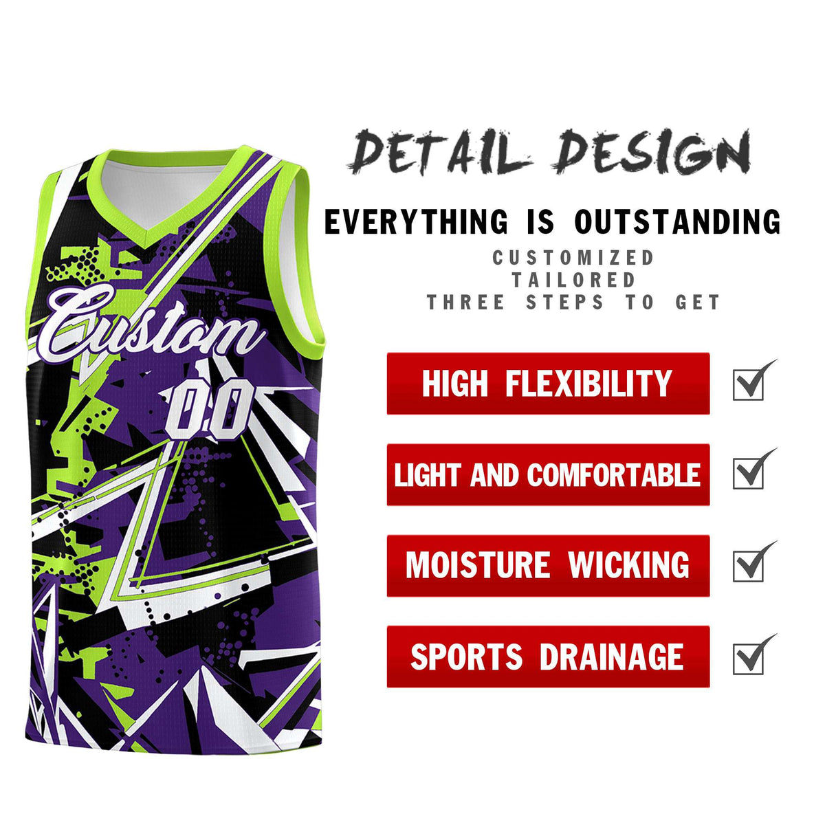 Custom Youth Basketball Jerseys Purple Neon Green Abstract Graffiti Personalized Team Name & Number
