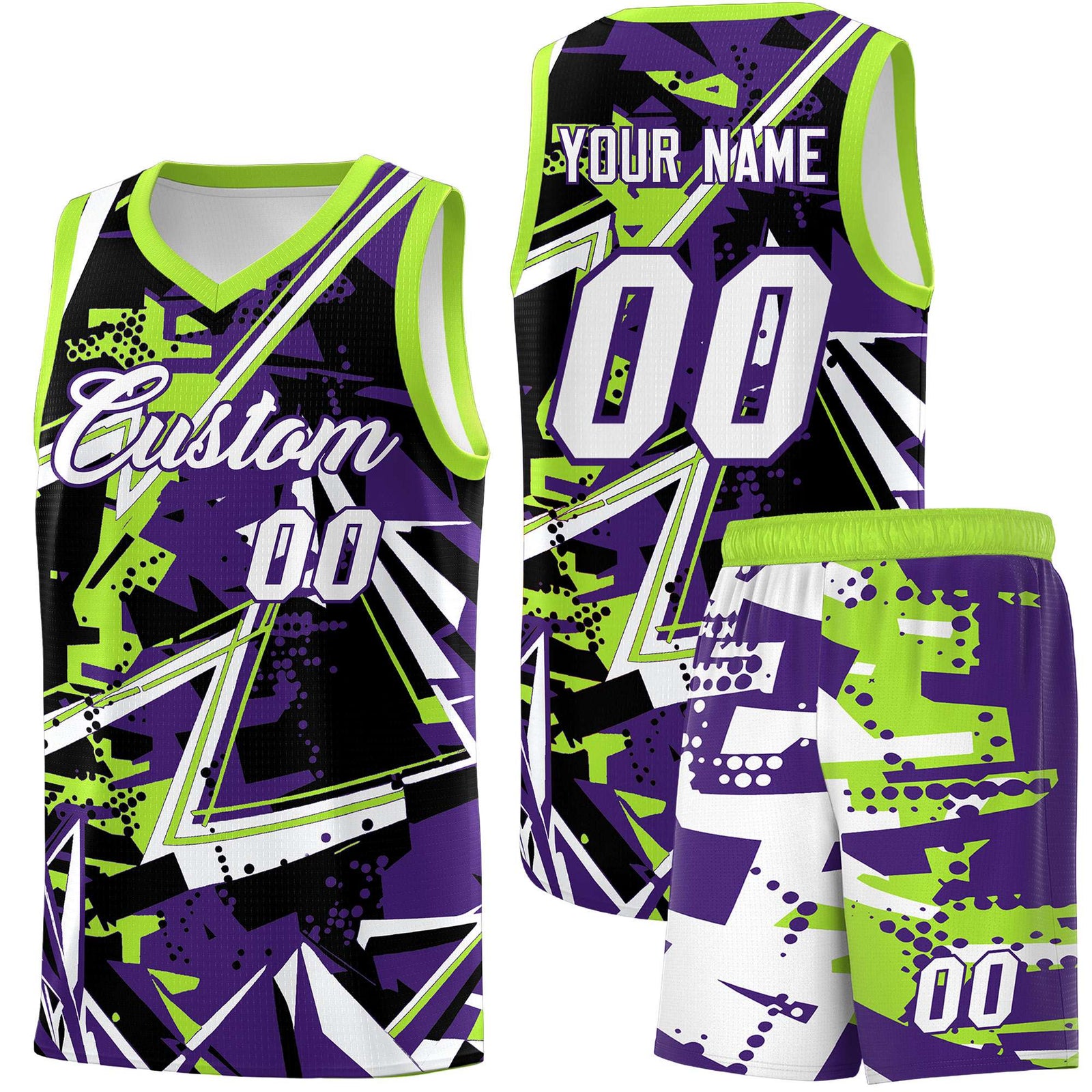 Custom Youth Basketball Jerseys Purple Neon Green Abstract Graffiti Personalized Team Name & Number