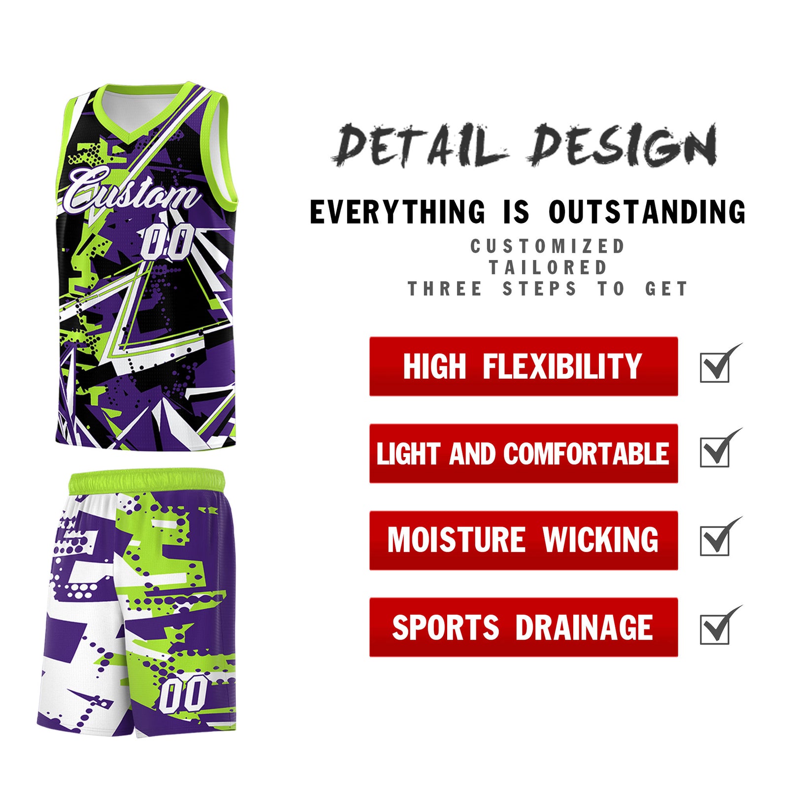 Custom Youth Basketball Jerseys Purple Neon Green Abstract Graffiti Personalized Team Name & Number