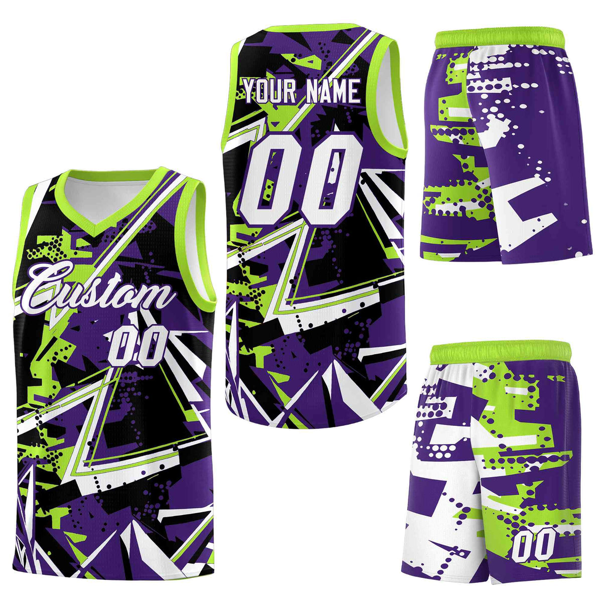Custom Youth Basketball Jerseys Purple Neon Green Abstract Graffiti Personalized Team Name &amp; Number