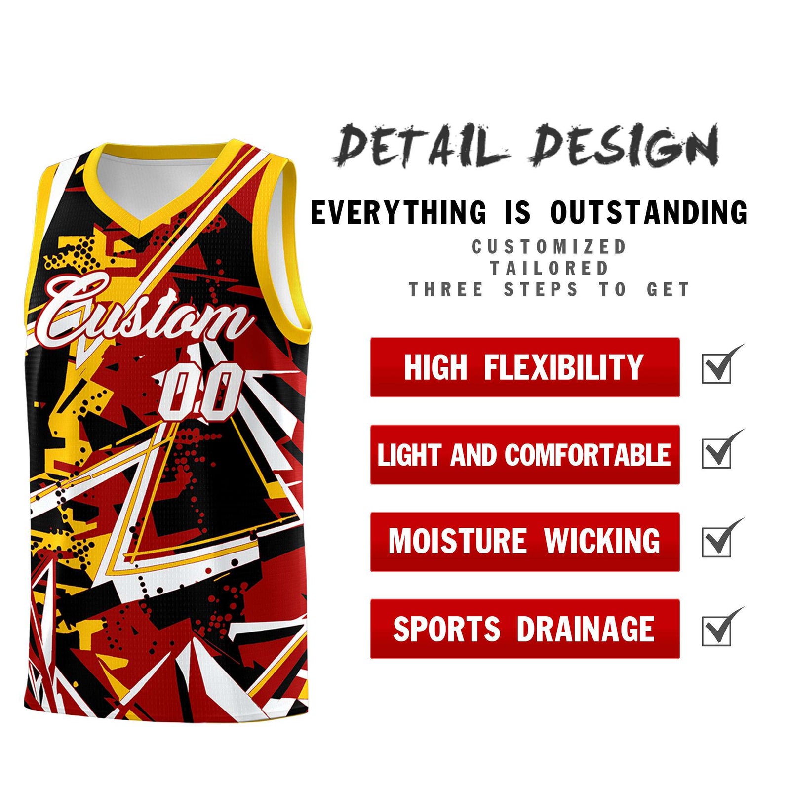 Custom Youth Basketball Jerseys Red Yellow Abstract Graffiti Personalized Street Style Uniform