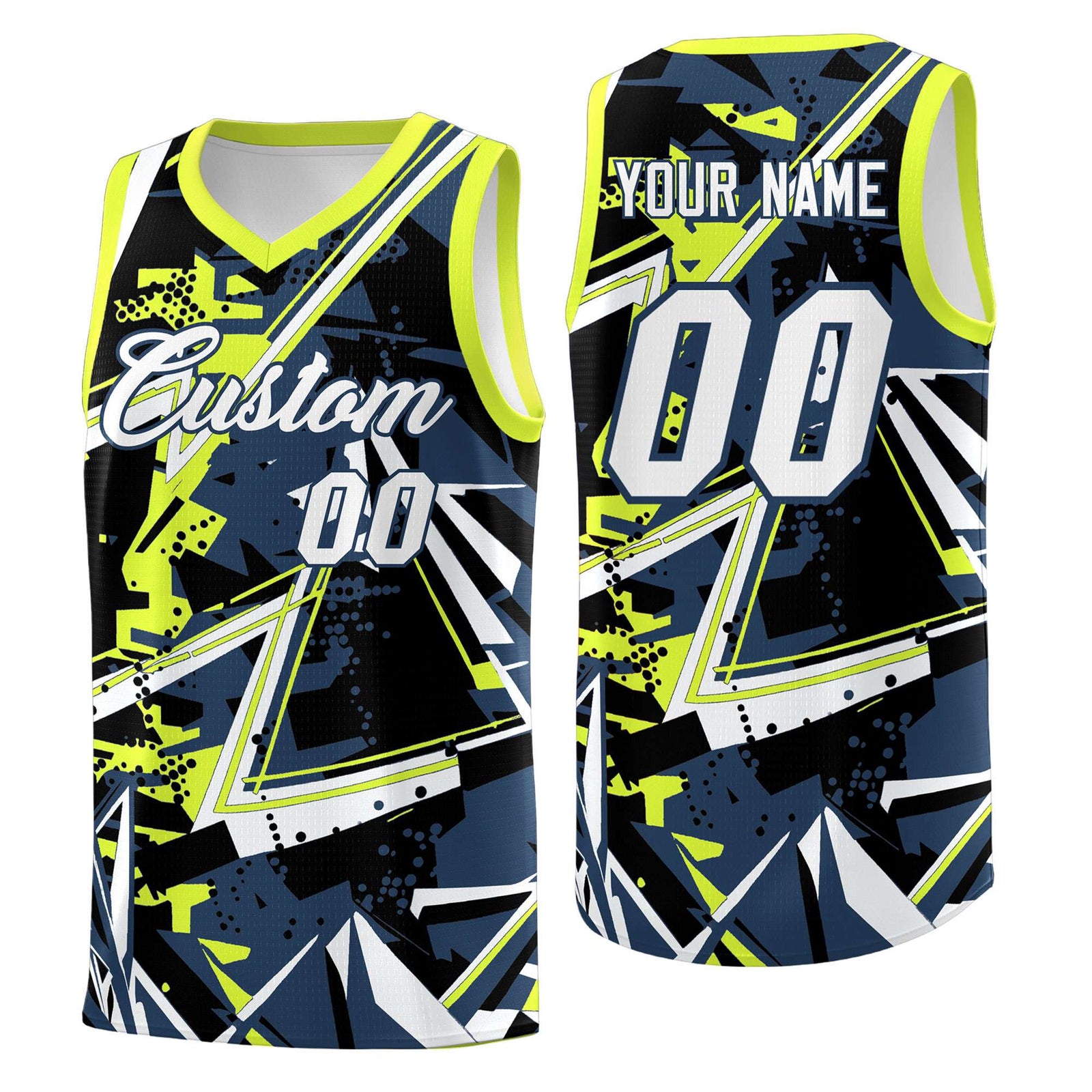 Custom Youth Basketball Jerseys Midnight Blue Fluorescent Green Abstract Graffiti Urban Style Personalized Uniform