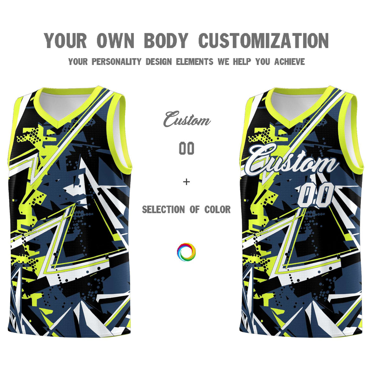 Custom Youth Basketball Jerseys Midnight Blue Fluorescent Green Abstract Graffiti Urban Style Personalized Uniform