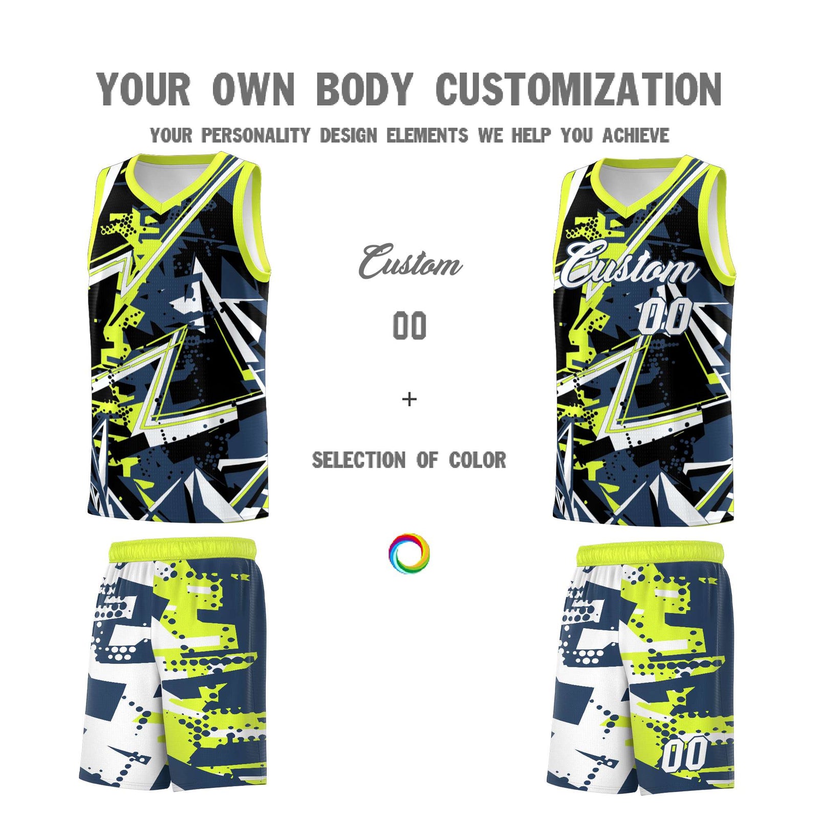 Custom Youth Basketball Jerseys Midnight Blue Fluorescent Green Abstract Graffiti Urban Style Personalized Uniform