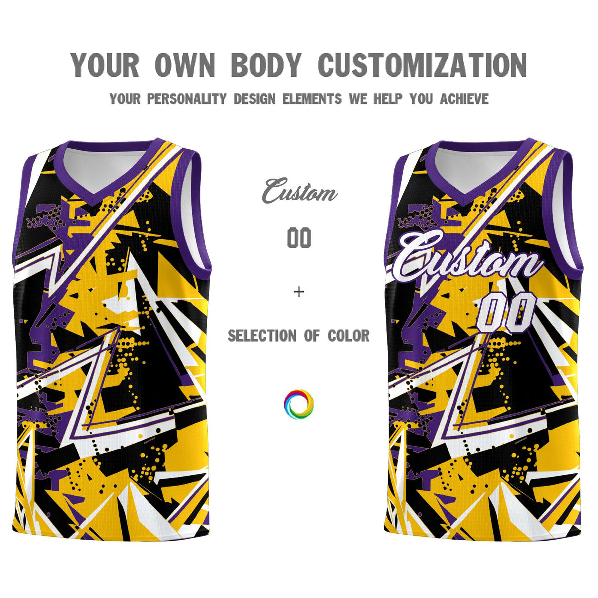 Custom Youth Basketball Jerseys Yellow Purple Abstract Graffiti Personalized Team Name & Number