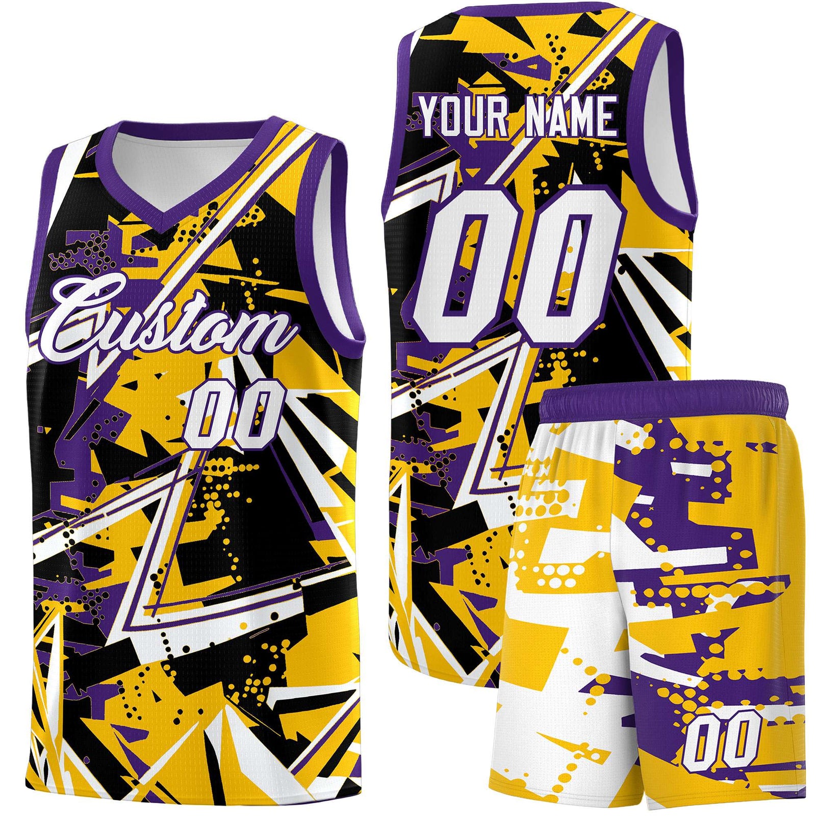 Custom Youth Basketball Jerseys Yellow Purple Abstract Graffiti Personalized Team Name & Number
