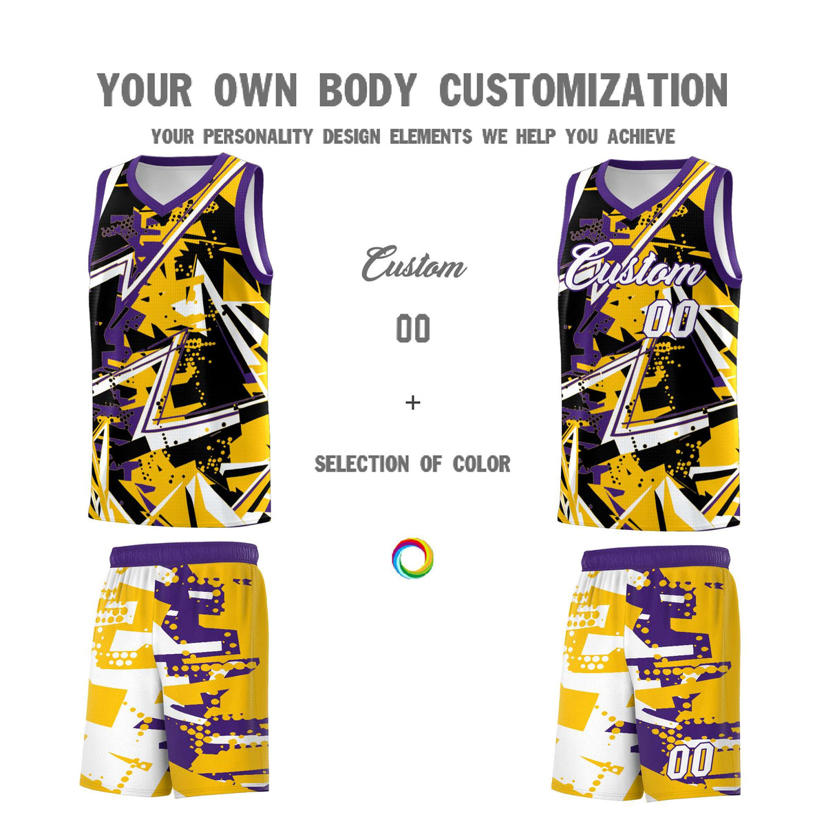 Custom Youth Basketball Jerseys Yellow Purple Abstract Graffiti Personalized Team Name & Number