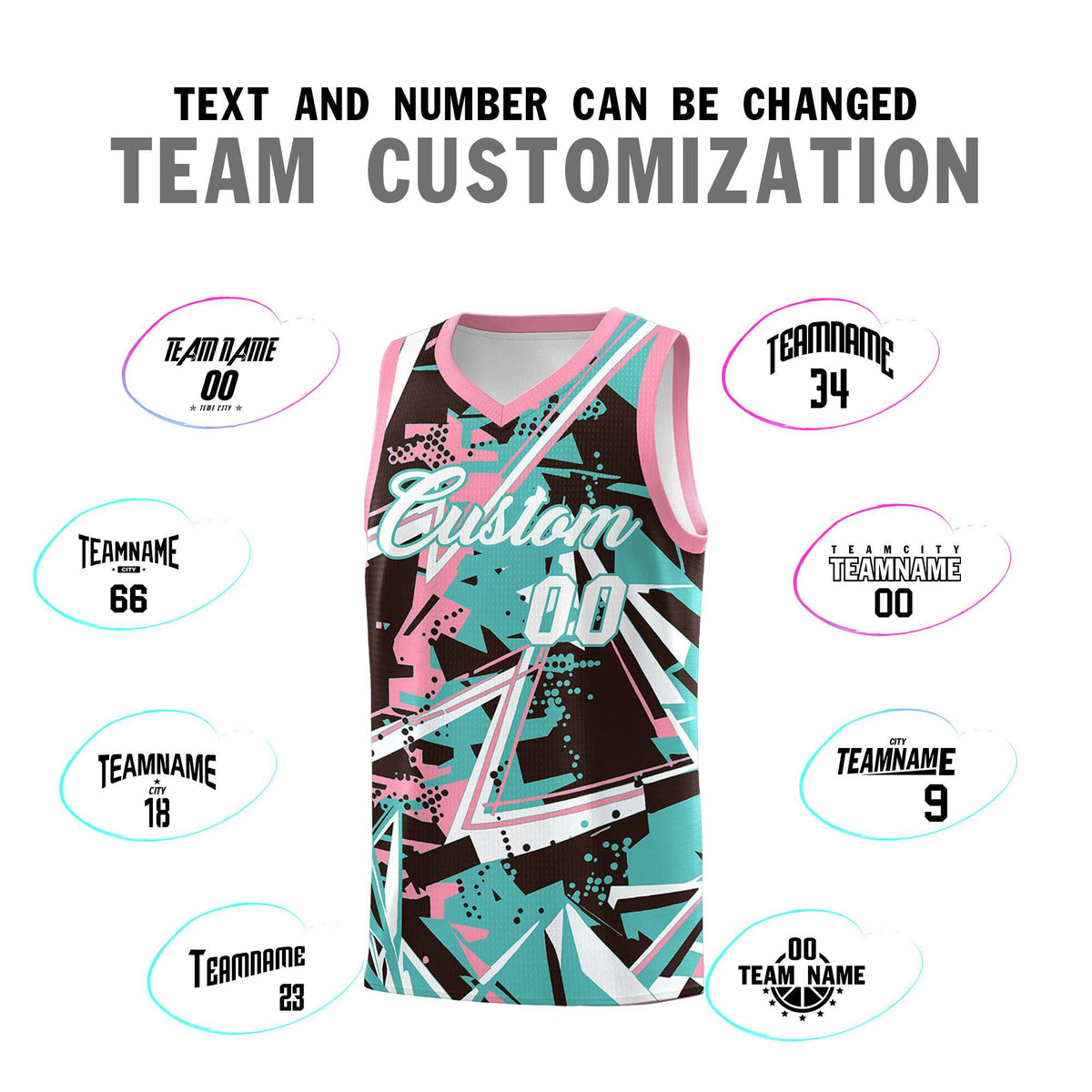 Custom Youth Basketball Jerseys Teal Pink Abstract Graffiti Urban Style Personalized Uniform