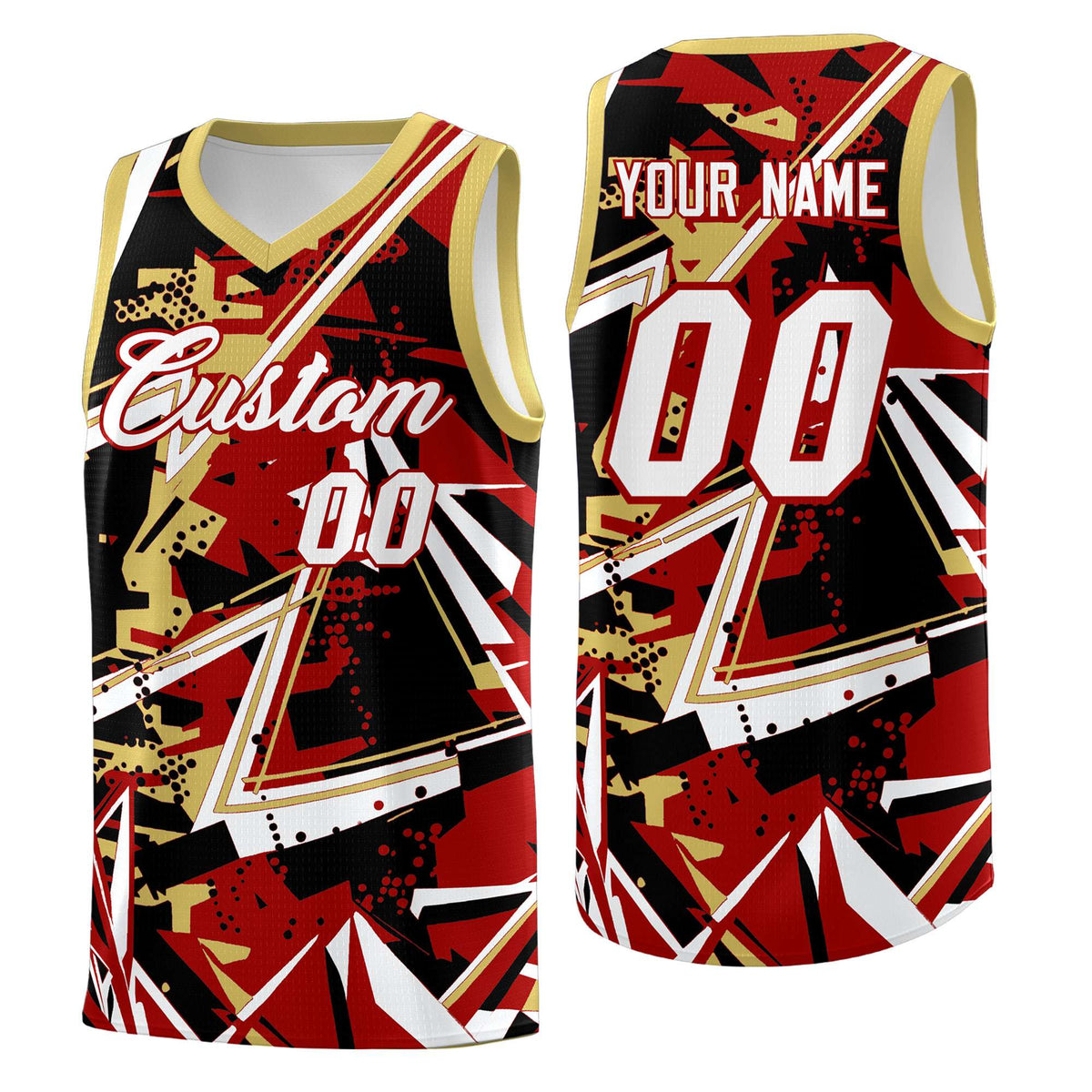 Custom Youth Basketball Jerseys Red Old Gold Abstract Graffiti Personalized Team Name & Number